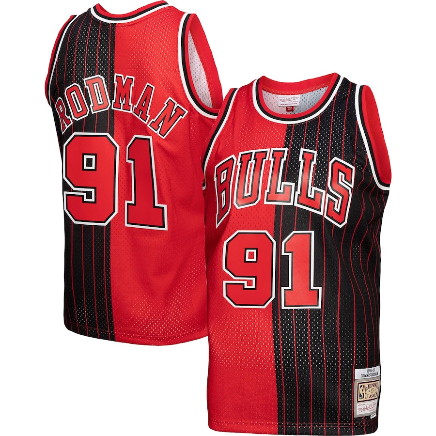 Men's Chicago Bulls Dennis Rodman Mitchell & Ness Red/Black Hardwood Classics 1995/96 Split Swingman Jersey - Ujersey
