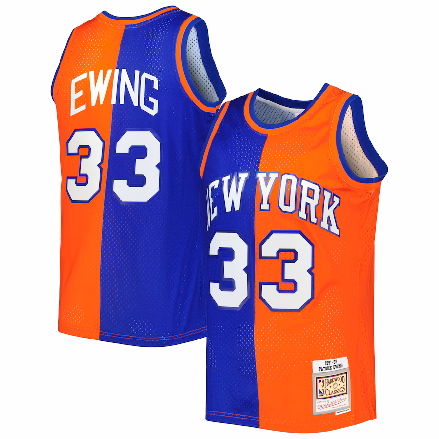 Men's New York Knicks Patrick Ewing Mitchell & Ness Blue/Orange Hardwood Classics 1991/92 Split Swingman Jersey - Ujersey