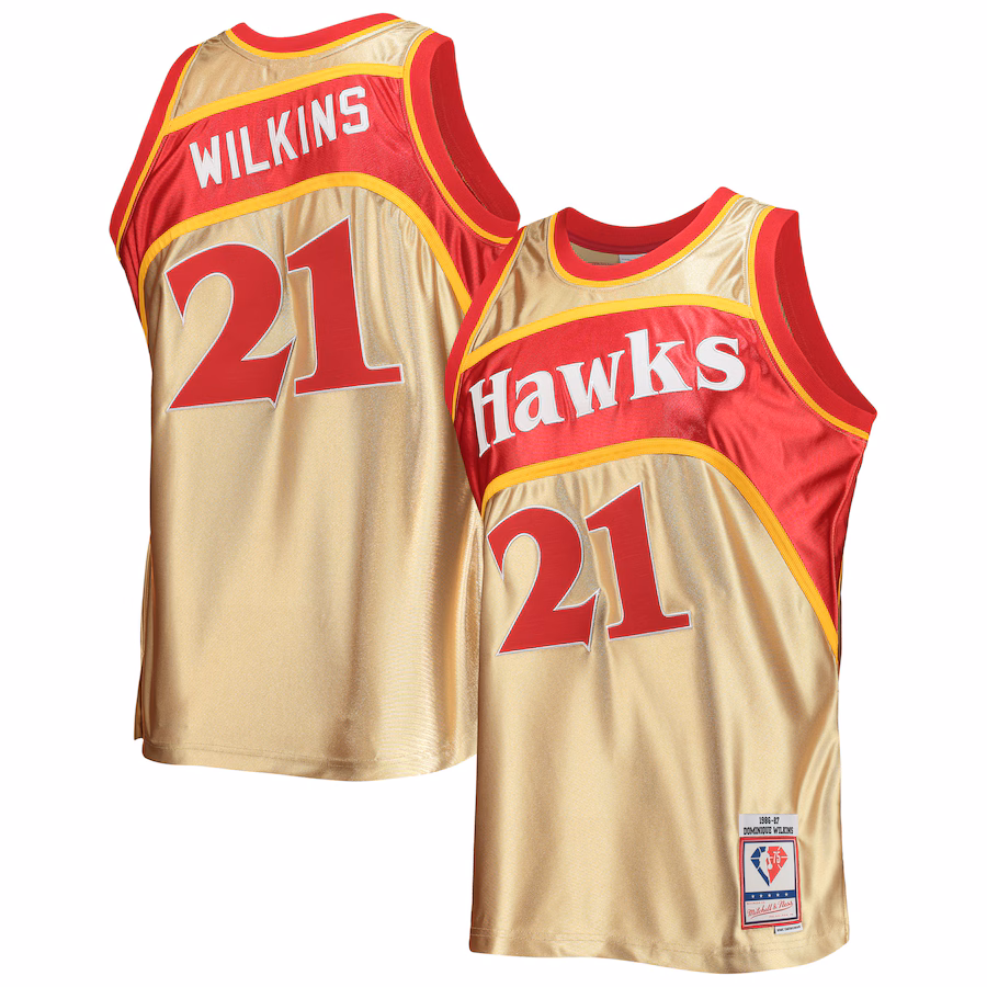 Men's Atlanta Hawks Dominique Wilkins Gold Mitchell & Ness 75th Anniversary 1986/87 Hardwood Classics Swingman Jersey - Ujersey