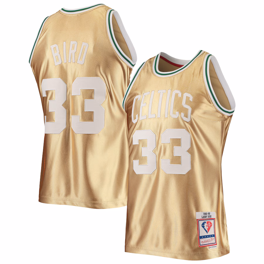 Men's Boston Celtics Larry Bird Gold Mitchell & Ness 75th Anniversary 1985/86 Hardwood Classics Swingman Jersey - Ujersey