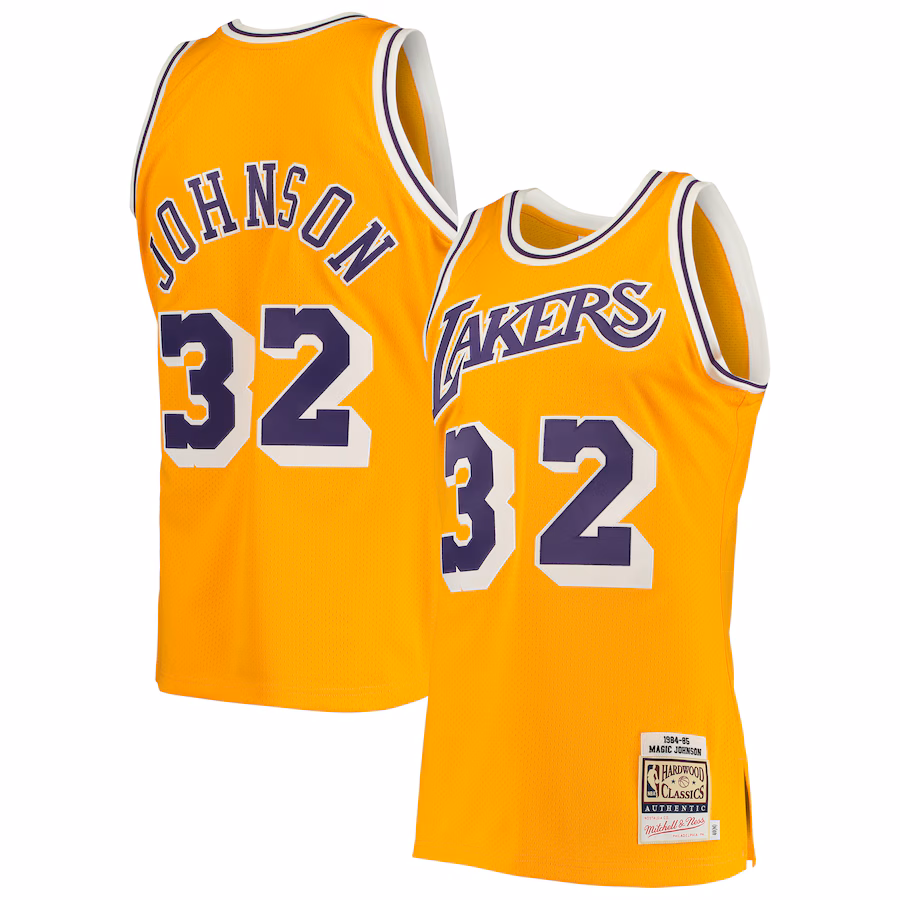 Men's Los Angeles Lakers Magic Johnson Mitchell & Ness Gold 1984/85 Hardwood Classics Authentic Jersey - Ujersey