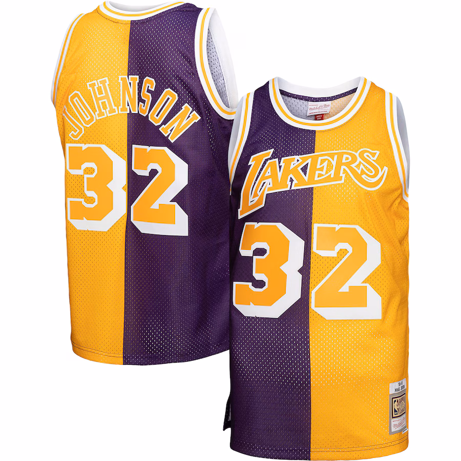 Men's Los Angeles Lakers Mitchell & Ness Purple/Gold Big & Tall Hardwood Classics 1984/85 Split Swingman Jersey - Ujersey