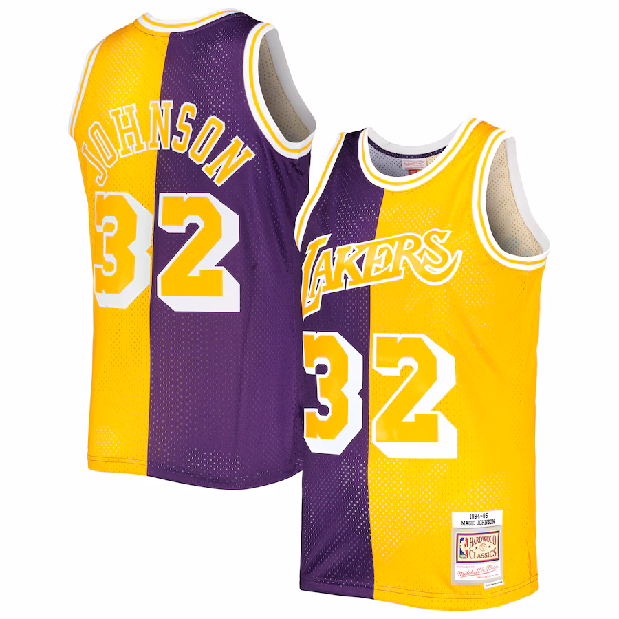 Men's Magic Johnson Magic Johnson Mitchell & Ness Purple/Gold Hardwood Classics 1984/85 Split Swingman Jersey - Ujersey