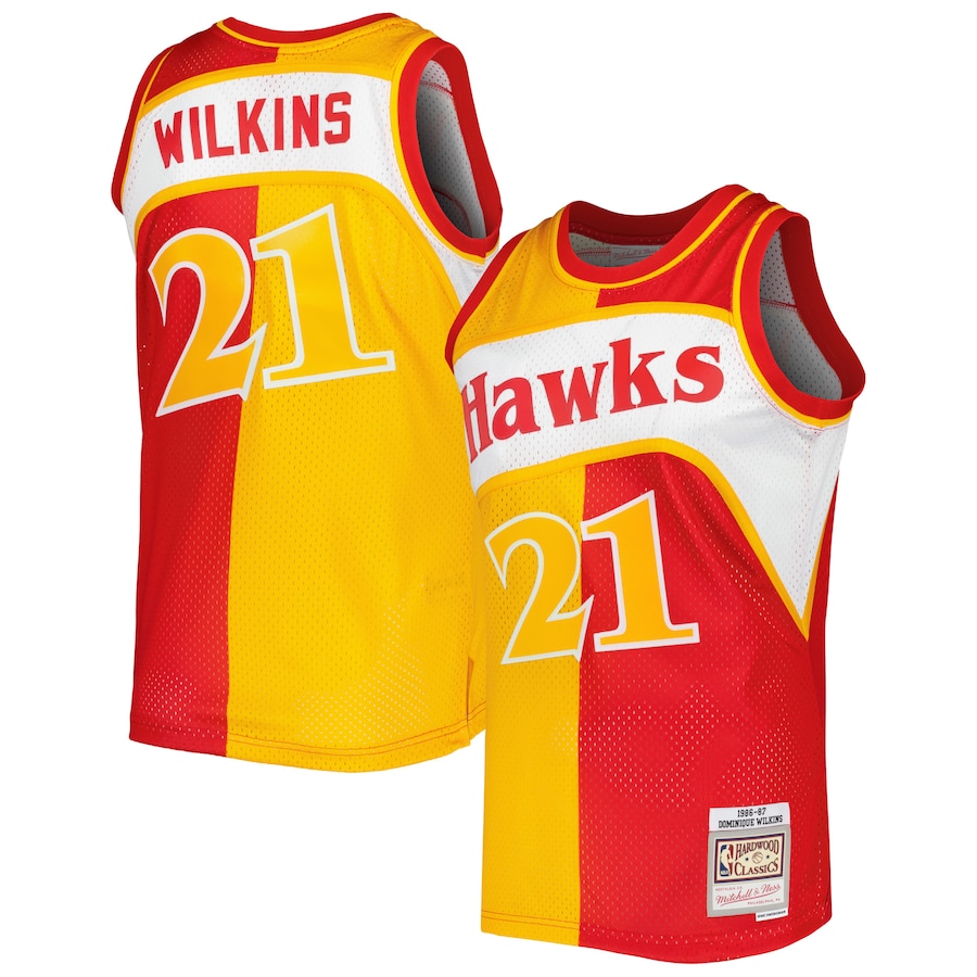 Men's Atlanta Hawks Dominique Wilkins Mitchell & Ness Yellow/Red Hardwood Classics 1986/87 Split Swingman Jersey - Ujersey