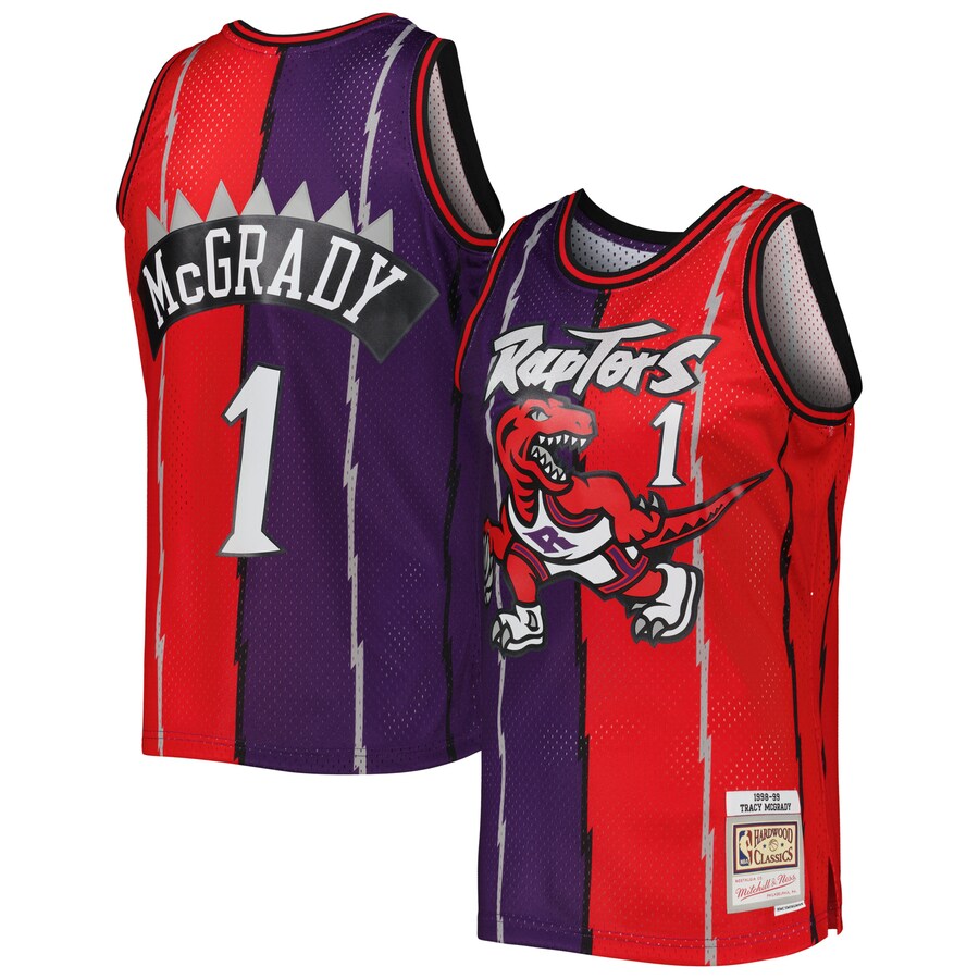 Men's Toronto Raptors Tracy McGrady Mitchell & Ness Purple/Red Hardwood Classics Mitchell & Ness Split Swingman Jersey - Ujersey