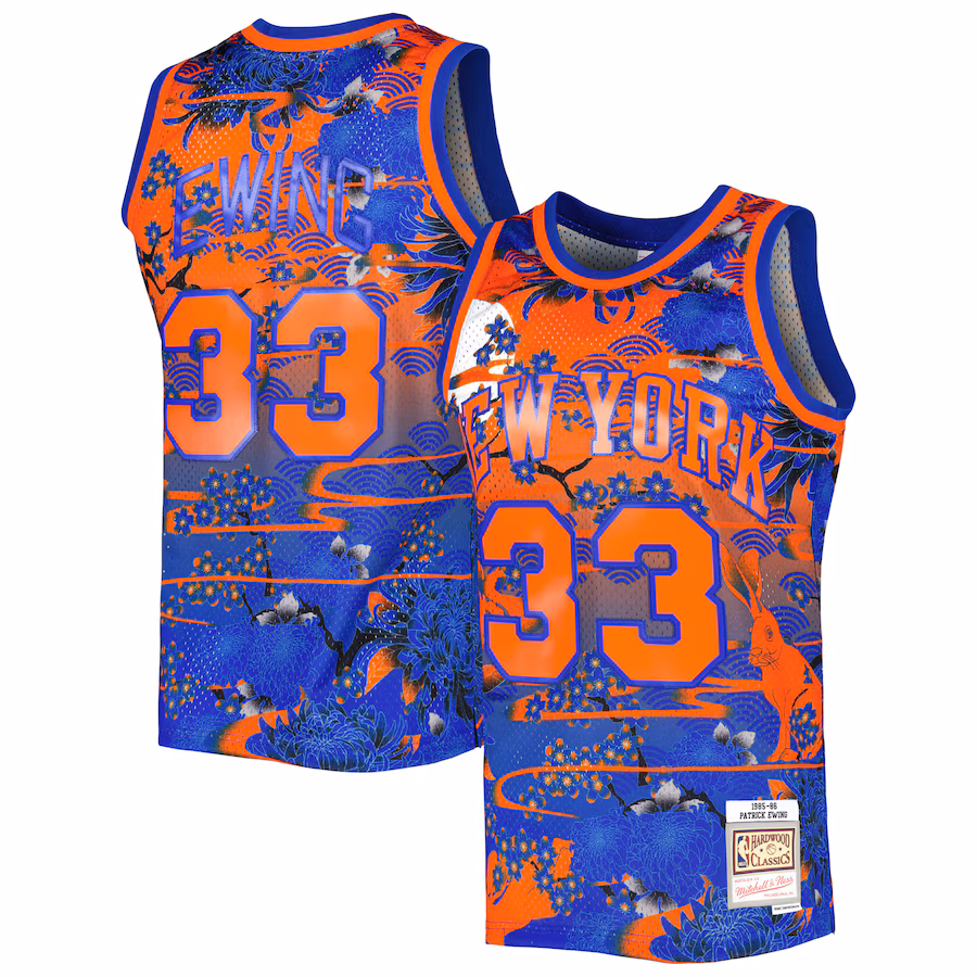 Men's New York Knicks Patrick Ewing Mitchell & Ness Blue 1985/86 Hardwood Classics Lunar New Year Swingman Jersey - Ujersey