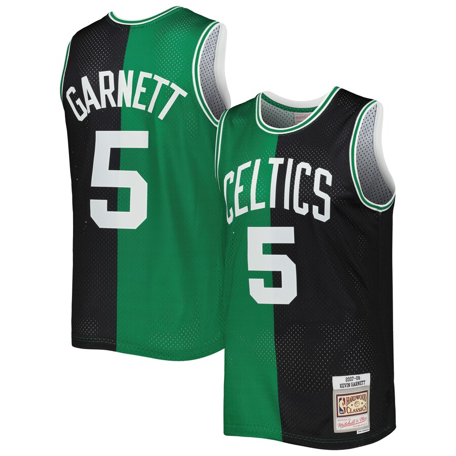 Men's Boston Celtics Kevin Garnett Mitchell & Ness Black/Kelly Green Hardwood Classics 2007/08 Split Swingman Jersey - Ujersey