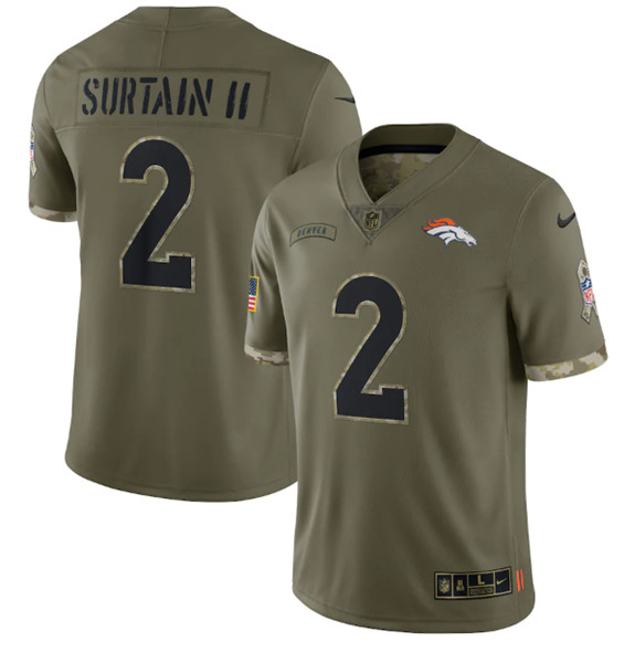 Men's Denver Broncos #2 Pat Surtain II 2022 Olive Salute To Service Limited Stitched Jersey - Ujersey