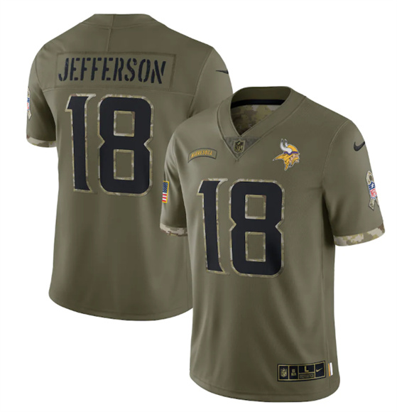 Men's Minnesota Vikings #18 Justin Jefferson 2022 Olive Salute To Service Limited Stitched Jersey - Ujersey
