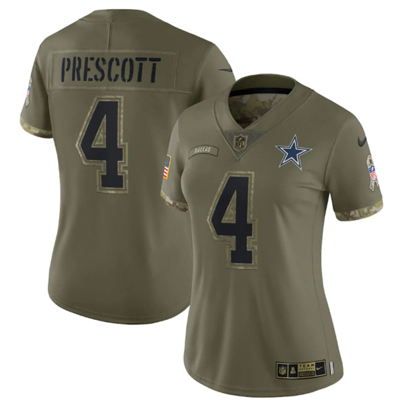 Women's Dallas Cowboys #4 Dak Prescott 2022 Olive Salute To Service Limited Stitched Jersey(Run Small) - Ujersey