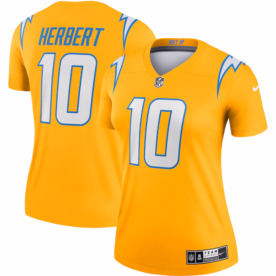 Women's Los Angeles Chargers Justin Herbert Nike Gold Inverted Legend Player Performance Top - Ujersey