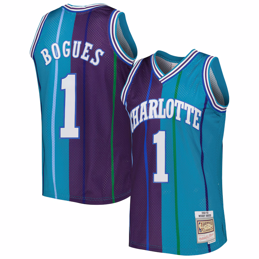 Men's Charlotte Hornets Muggsy Bogues Mitchell & Ness Teal/Purple Hardwood Classics 1992/93 Split Swingman Jersey - Ujersey