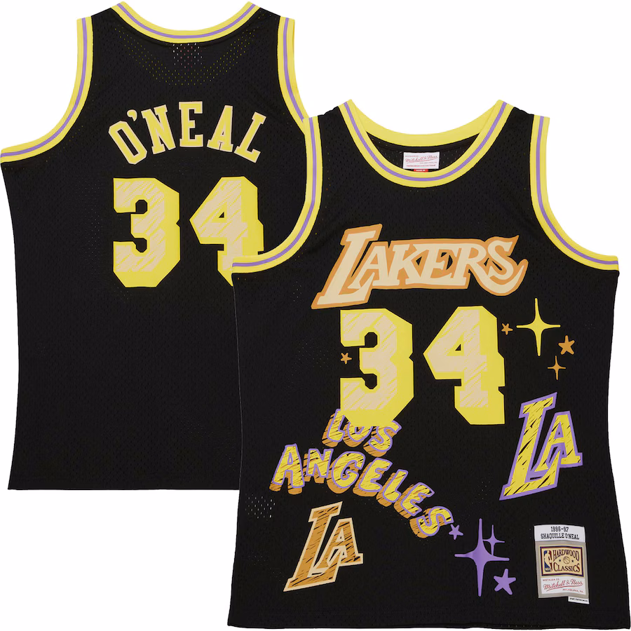 Men's Los Angeles Lakers Shaquille O'Neal Mitchell & Ness Black 1996/97 Swingman Sidewalk Sketch Jersey - Ujersey