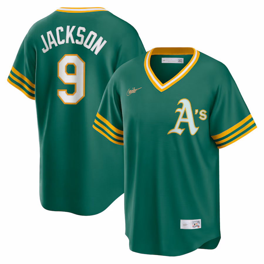 Men's Athletics Reggie Jackson Nike Kelly Green Road Cooperstown Collection Player Jersey - Ujersey