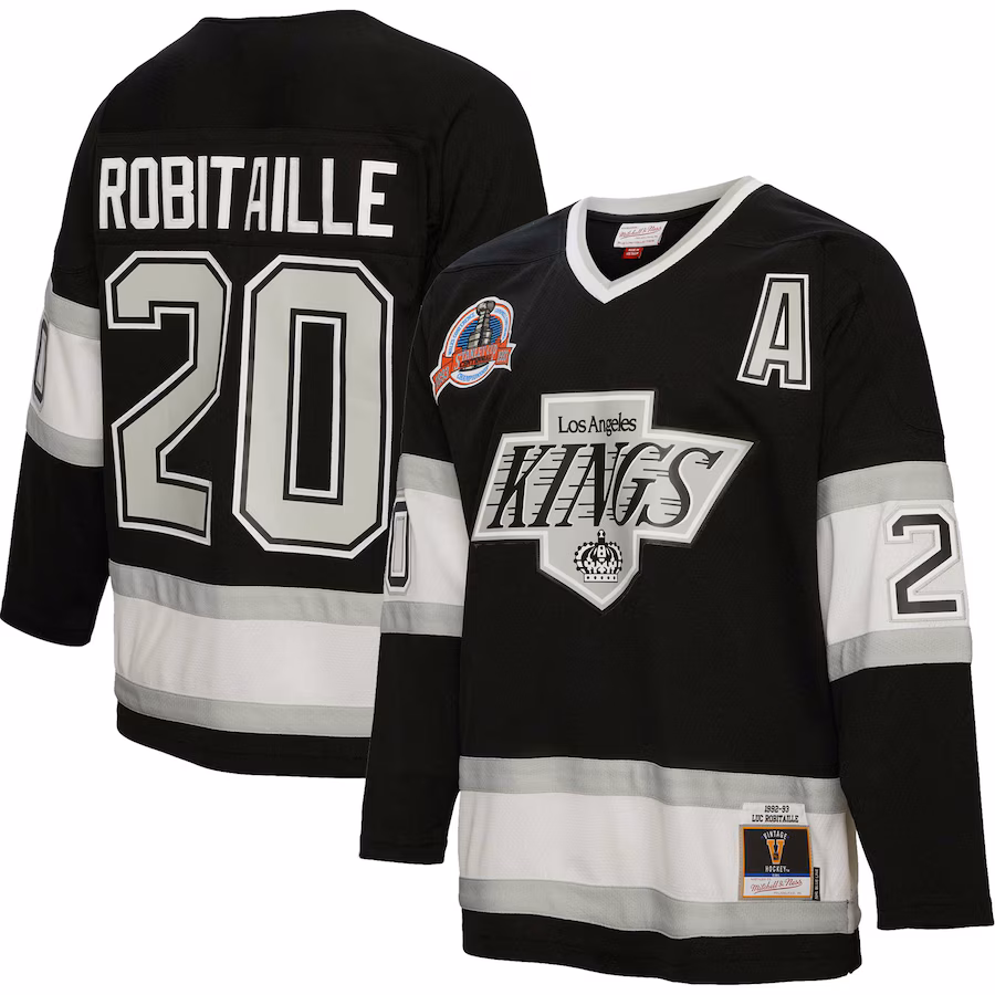 Men's Los Angeles Kings Luc Robitaille Mitchell & Ness Black Alternate Captain Patch 1992/93 Blue Line Player Jersey - Ujersey