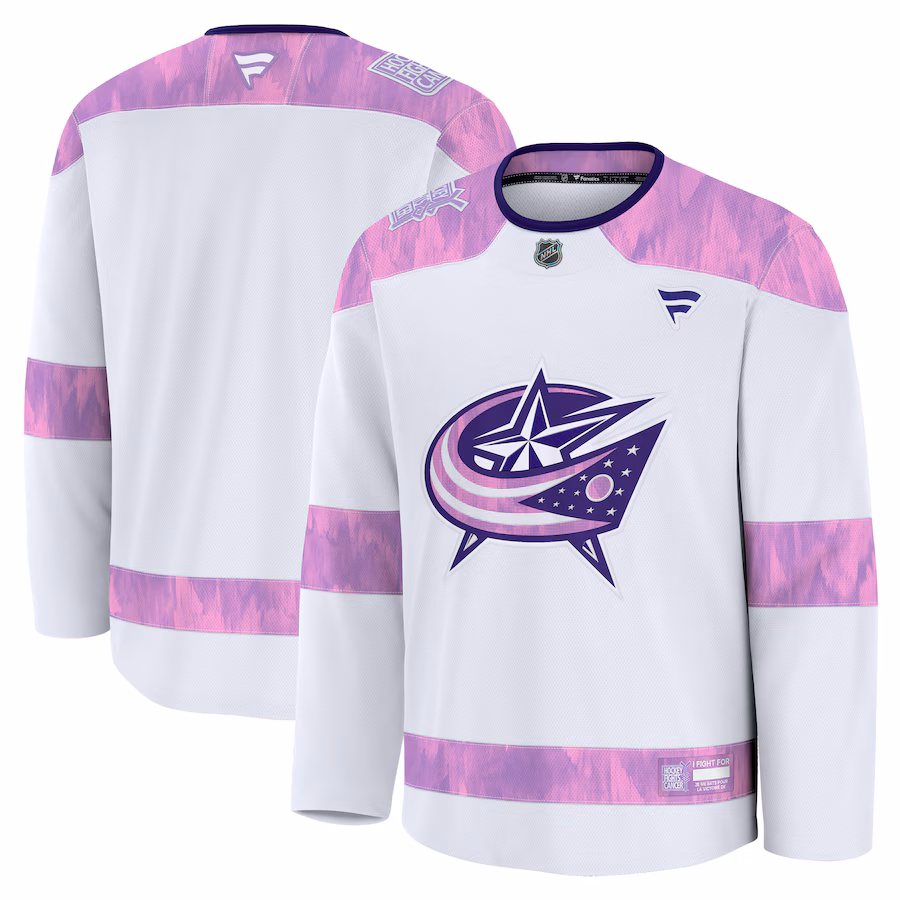 Men's Columbus Blue Jackets Fanatics White 2024 Hockey Fights Cancer Practice Jersey - Ujersey