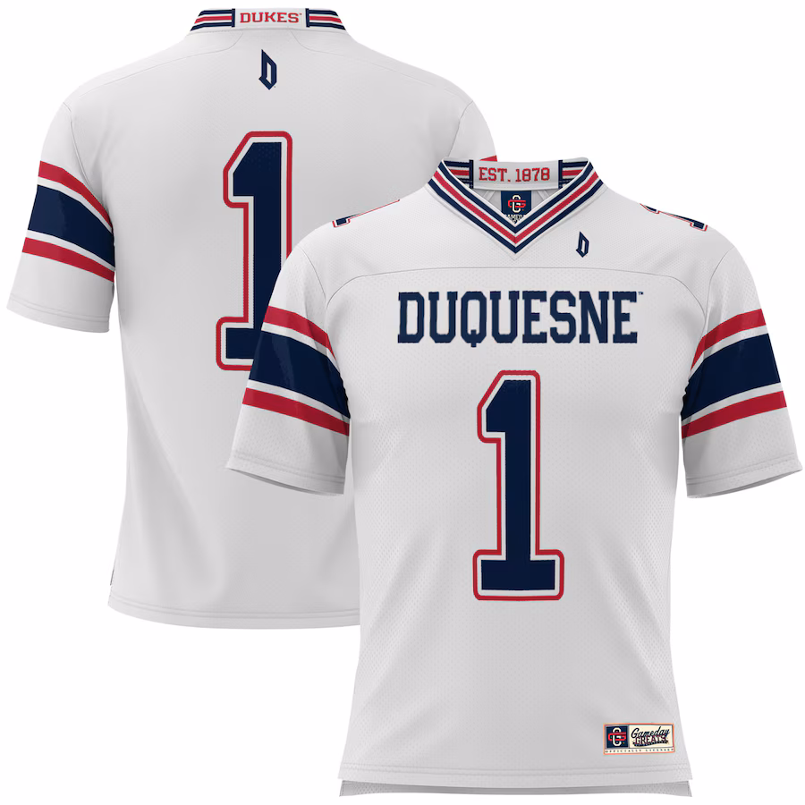 Youth GameDay Greats #1 White Duquesne Dukes Football Jersey - Ujersey