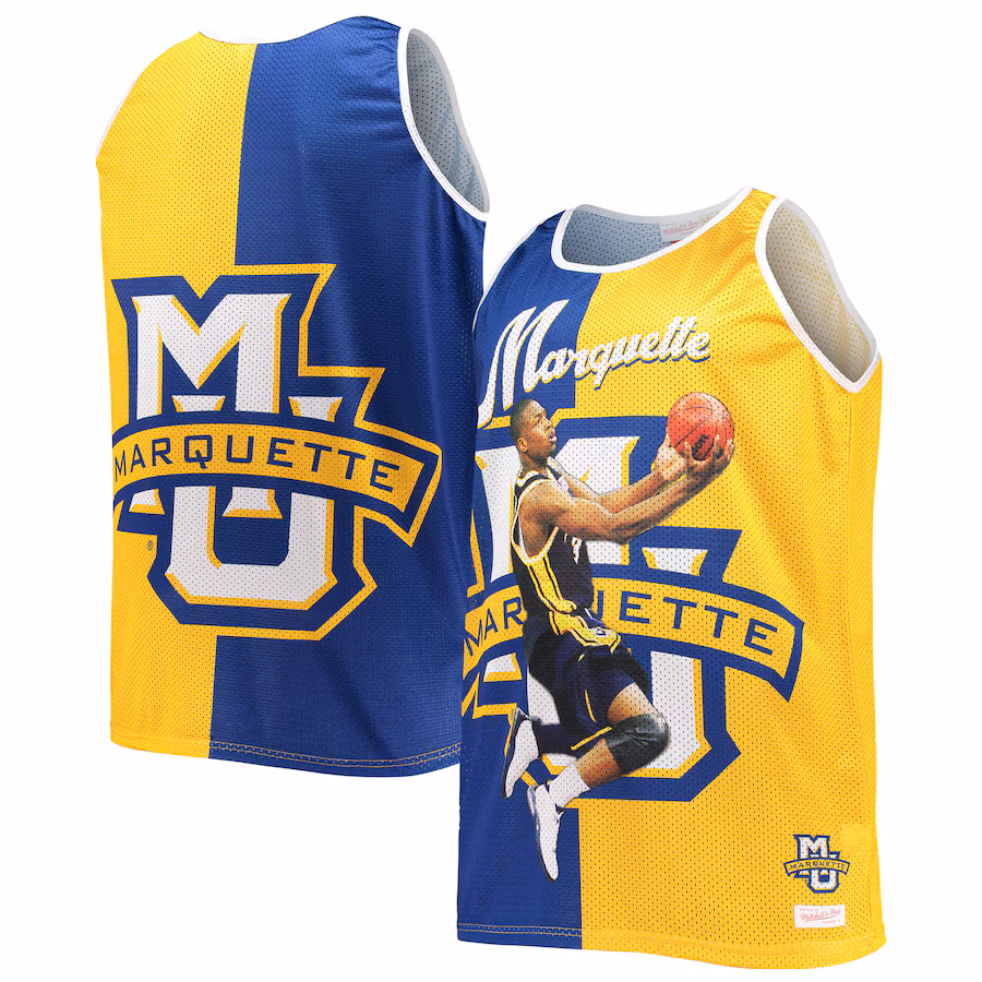 Men's Mitchell & Ness Dwyane Wade Blue/Gold Marquette Golden Eagles Sublimated Player Big & Tall Tank Top - Ujersey