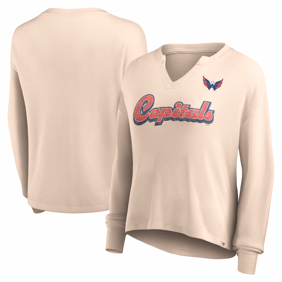 Women's Washington Capitals Fanatics Oatmeal Go For It Notch Neck Waffle Knit Long Sleeve T-Shirt - Ujersey