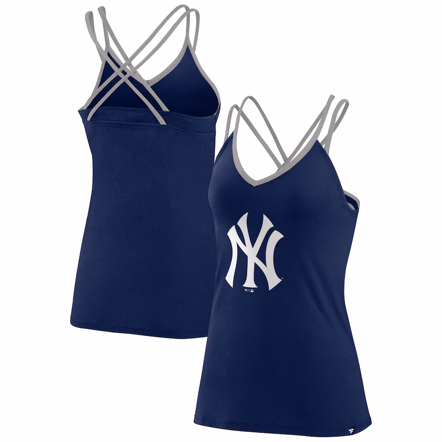 Women's New York Yankees Fanatics Navy Barrel It Up Cross Back V-Neck Tank Top - Ujersey