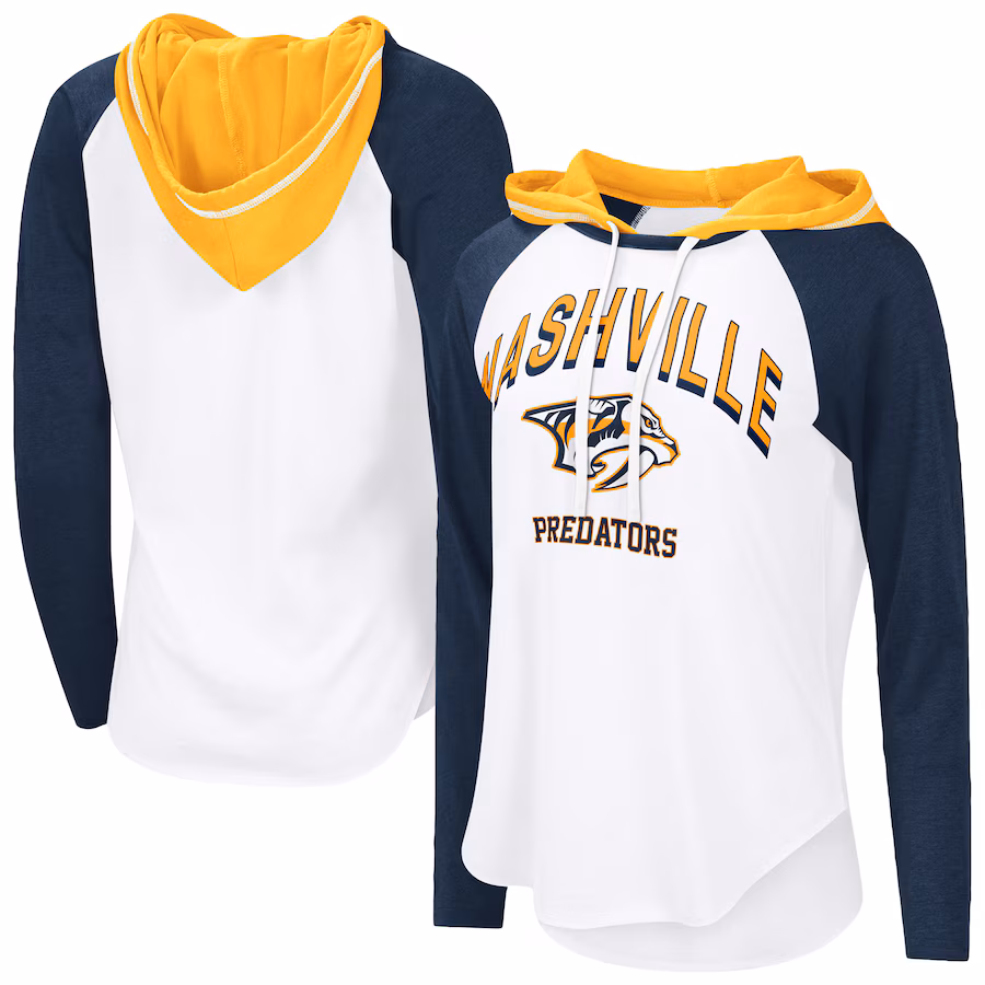 Women's Nashville Predators G-III 4Her by Carl Banks White VIP Raglan Long Sleeve Hoodie T-Shirt - Ujersey
