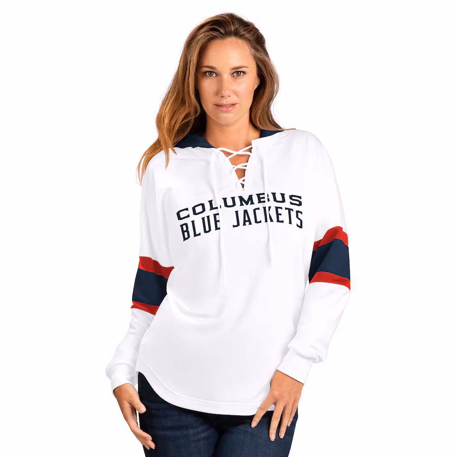 Women's Columbus Blue Jackets G-III 4Her by Carl Banks White Goal Zone Long Sleeve Lace-Up Hoodie T-Shirt - Ujersey