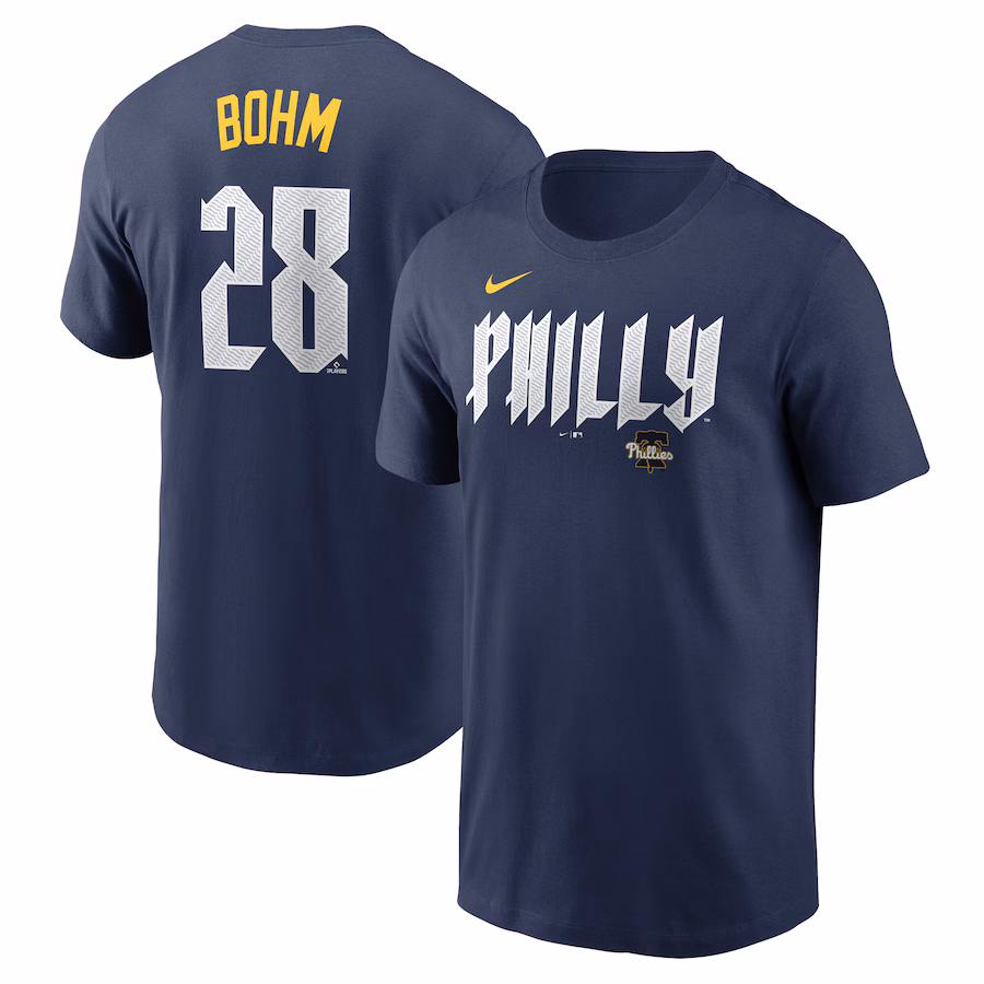 Men's Philadelphia Phillies Alec Bohm Nike Navy 2024 City Connect Fuse Name & Number T-Shirt - Ujersey
