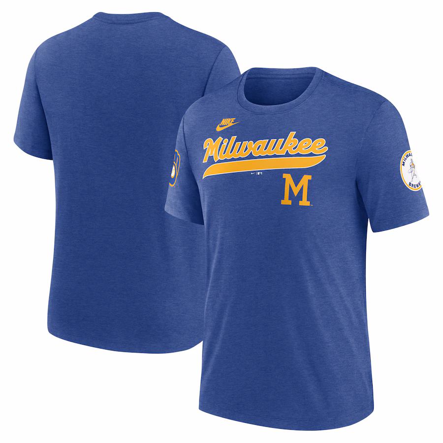 Men's Milwaukee Brewers Nike Heather Royal Cooperstown Collection Eras Tri-Blend T-Shirt - Ujersey