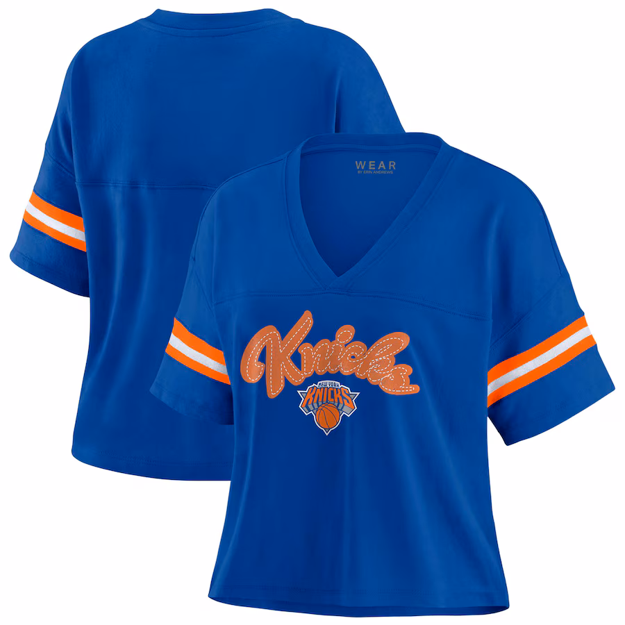 Women's New York Knicks WEAR by Erin Andrews Blue Color Block Boxy V-Neck T-Shirt - Ujersey