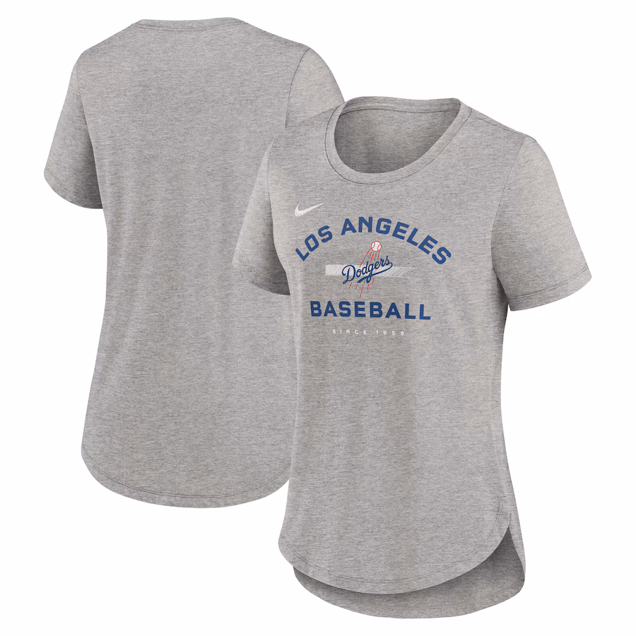 Women's Los Angeles Dodgers Nike Heather Gray Hot Prospect Tri-Blend T-Shirt - Ujersey