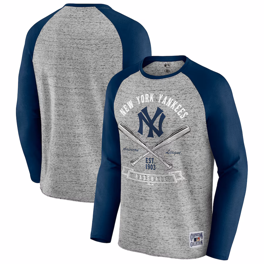 Men's New York Yankees Darius Rucker Collection by Fanatics Heather Gray Raw Edge Raglan Long Sleeve Baseball T-Shirt - Ujersey