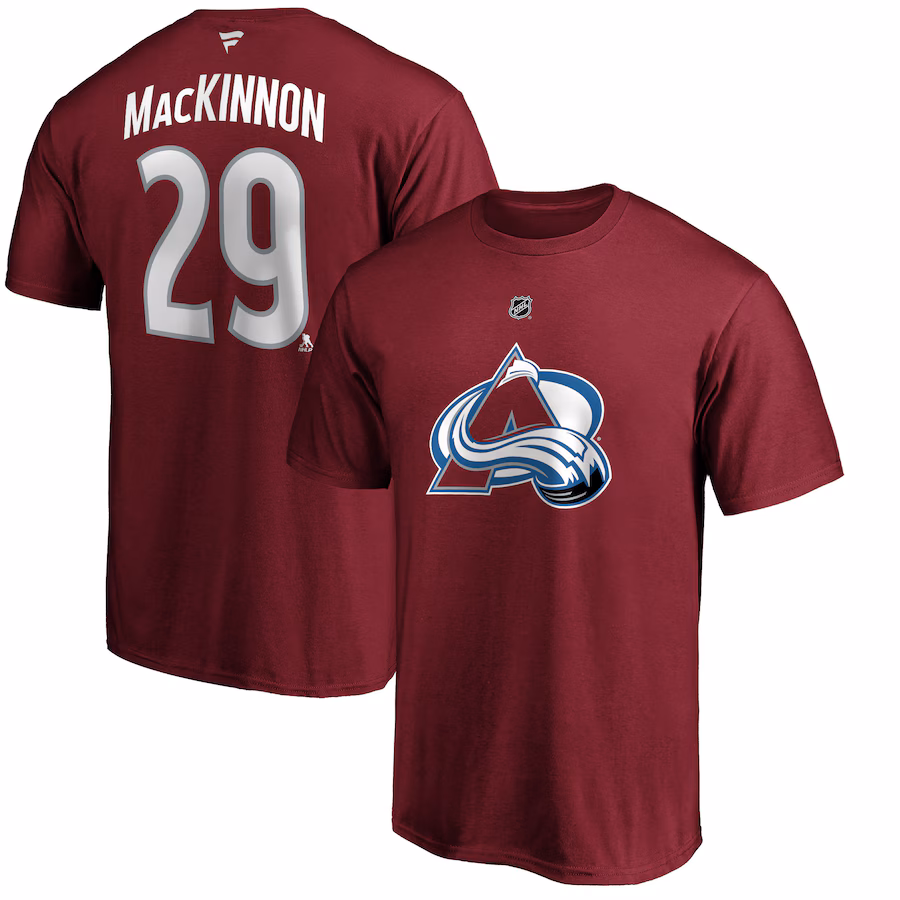 Men's Colorado Avalanche Nathan MacKinnon Fanatics Burgundy Team Authentic Stack Name & Number T-Shirt - Ujersey