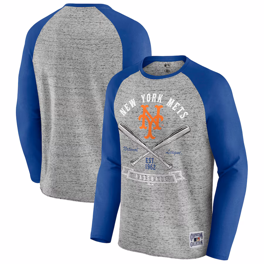 Men's New York Mets Darius Rucker Collection by Fanatics Heather Gray Raw Edge Raglan Long Sleeve Baseball T-Shirt - Ujersey