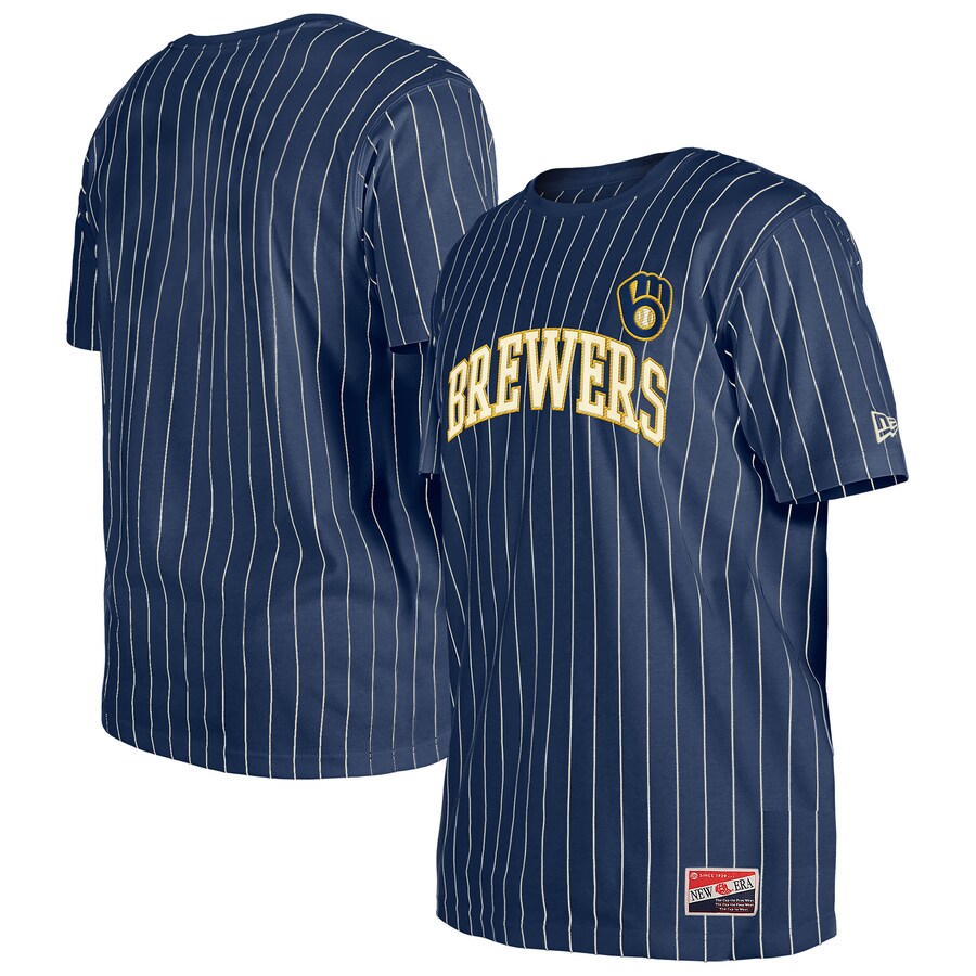Men's Milwaukee Brewers New Era Navy Throwback Pinstripe T-Shirt - Ujersey