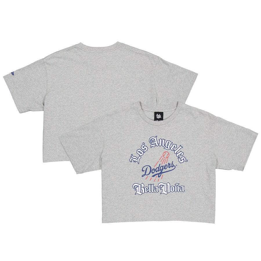 Women's New Era Gray Bella Dona x Los Angeles Dodgers Boxy Crop T-Shirt - Ujersey