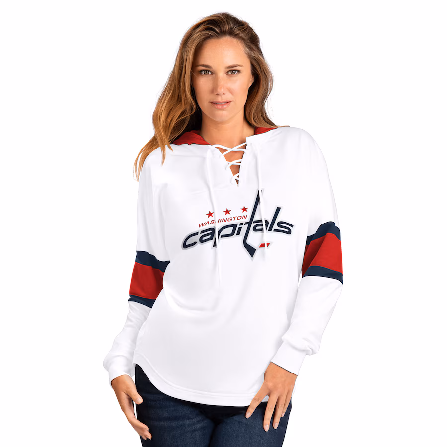 Women's Washington Capitals G-III 4Her by Carl Banks White Goal Zone Long Sleeve Lace-Up Hoodie T-Shirt - Ujersey