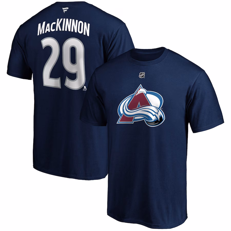 Men's Colorado Avalanche Nathan MacKinnon Fanatics Navy Authentic Stack Name & Number T-Shirt - Ujersey