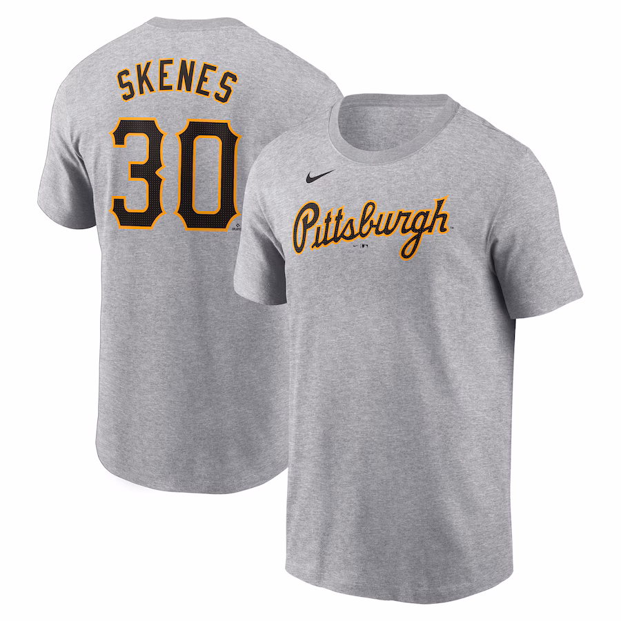 Men's Pittsburgh Pirates Paul Skenes Nike Heather Gray Fuse Name & Number T-Shirt - Ujersey