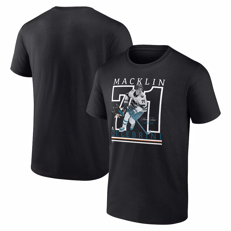 Men's San Jose Sharks Macklin Celebrini Fanatics Black Authentic Stack Name & Number T-Shirt - Ujersey