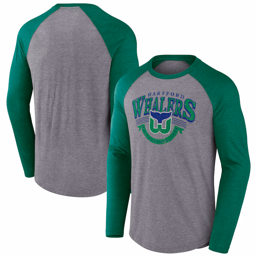 Men's Hartford Whalers Fanatics Heather Gray/Heather Green Vintage Hockey Goal Crease Raglan Tri-Blend Long Sleeve T-Shirt - Ujersey