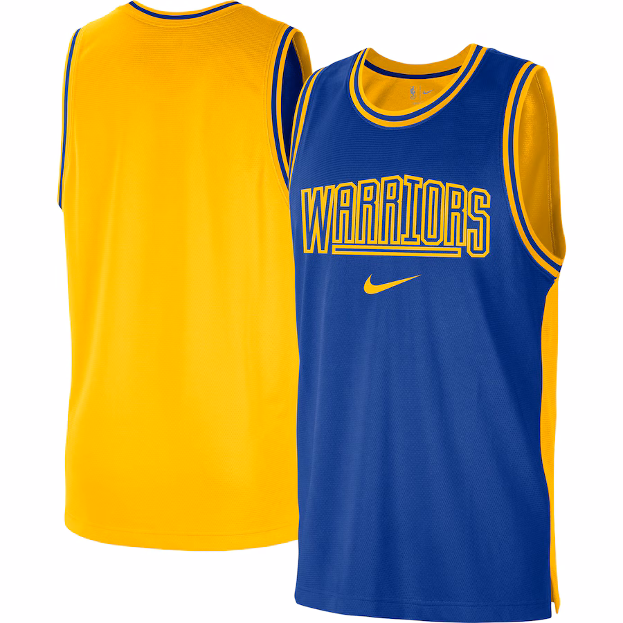 Men's Golden State Warriors Nike Royal/Gold Courtside Versus Force Split DNA Performance Mesh Tank Top - Ujersey