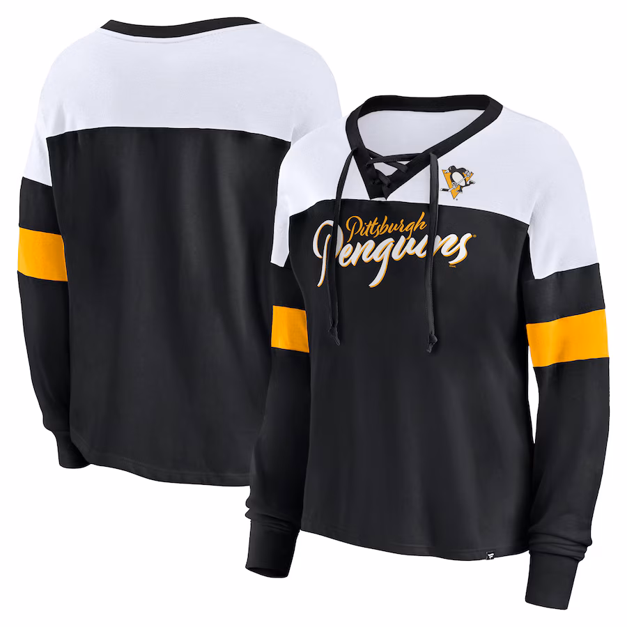 Women's Pittsburgh Penguins Fanatics Black Take the Shot Long Sleeve Lace-Up V-Neck T-Shirt - Ujersey