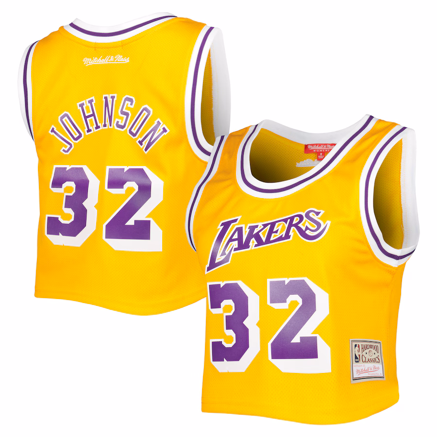 Women's Los Angeles Lakers Magic Johnson Mitchell & Ness Gold 1984 Hardwood Classics Crop Player Tank Top - Ujersey