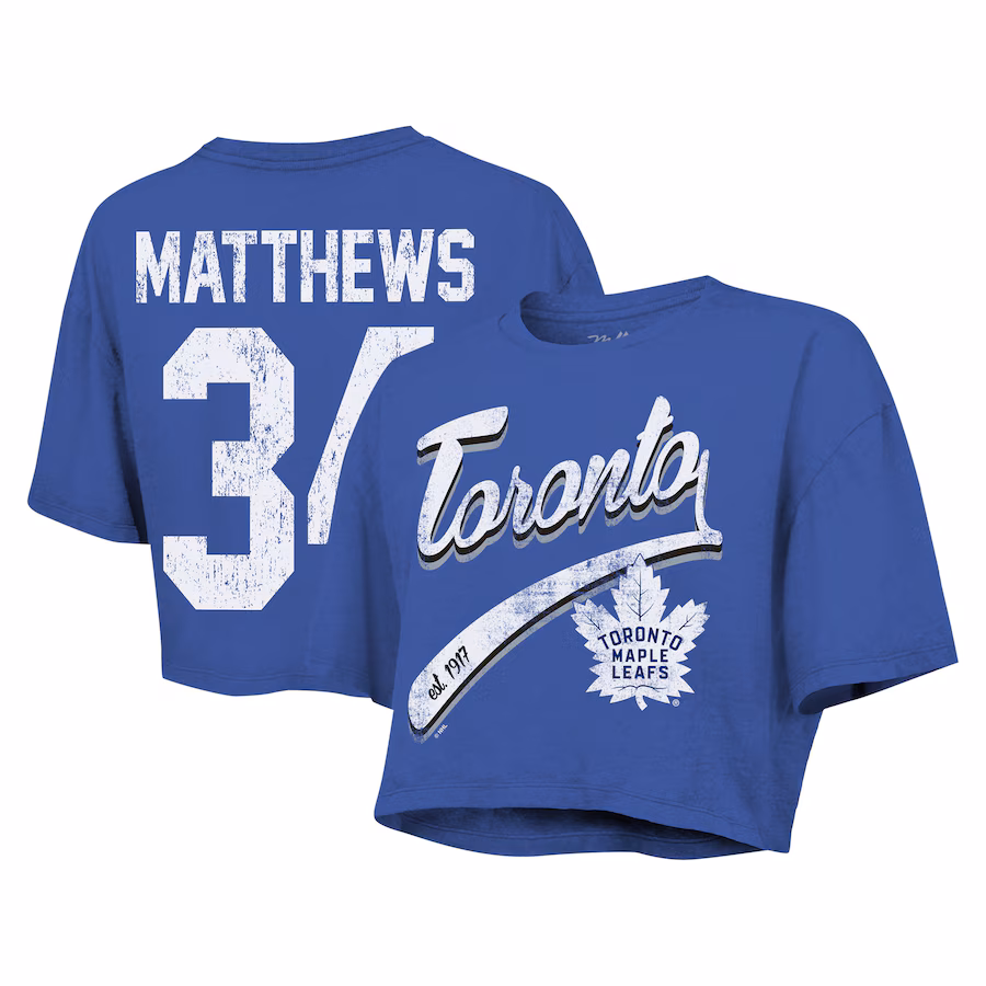 Women's Toronto Maple Leafs Auston Matthews Majestic Threads Royal Behind The Net Boxy Name & Number Cropped T-Shirt - Ujersey