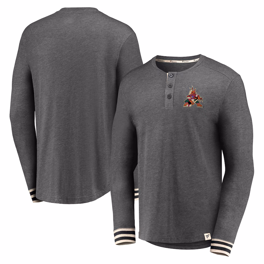 Men's Arizona Coyotes Fanatics Heathered Charcoal True Classics Henley Long Sleeve T-Shirt - Ujersey