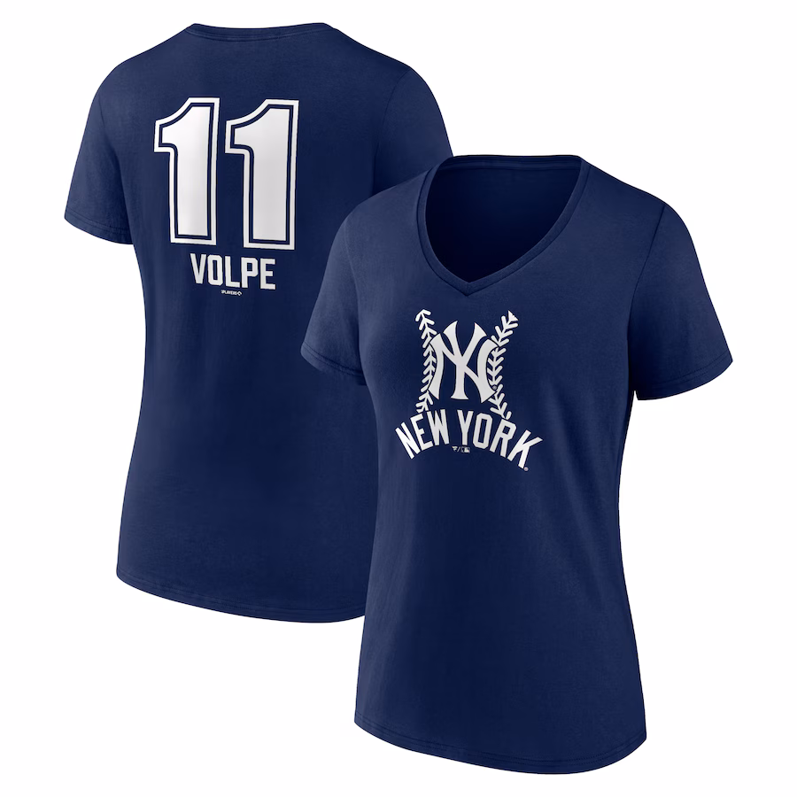 Women's New York Yankees Anthony Volpe Navy Fastball Player Name & Number V-Neck T-Shirt - Ujersey