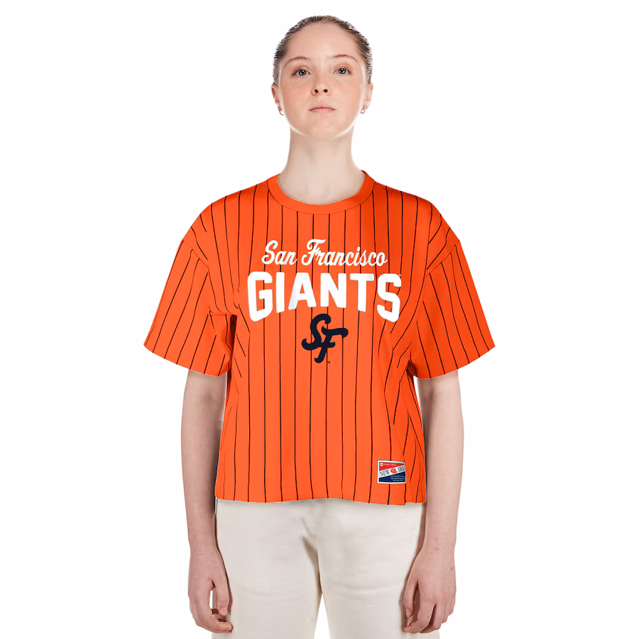 Women's San Francisco Giants New Era Orange 2025 City Connect Boxy Pinstripe T-Shirt - Ujersey