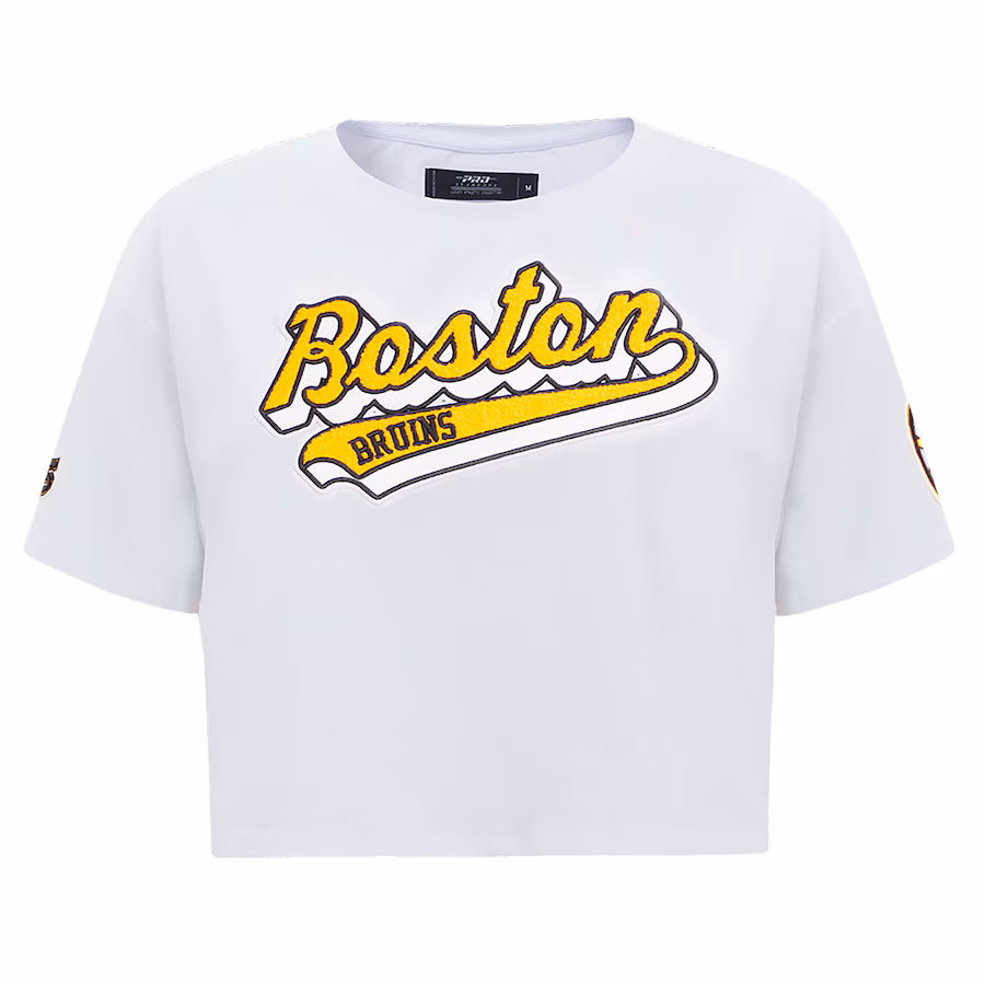 Women's Boston Bruins Pro Standard White Boxy Script Tail Cropped T-Shirt - Ujersey