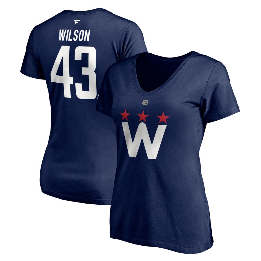 Women's Washington Capitals Tom Wilson Fanatics Navy 2020/21 Alternate Authentic Stack Name & Number V-Neck T-Shirt - Ujersey