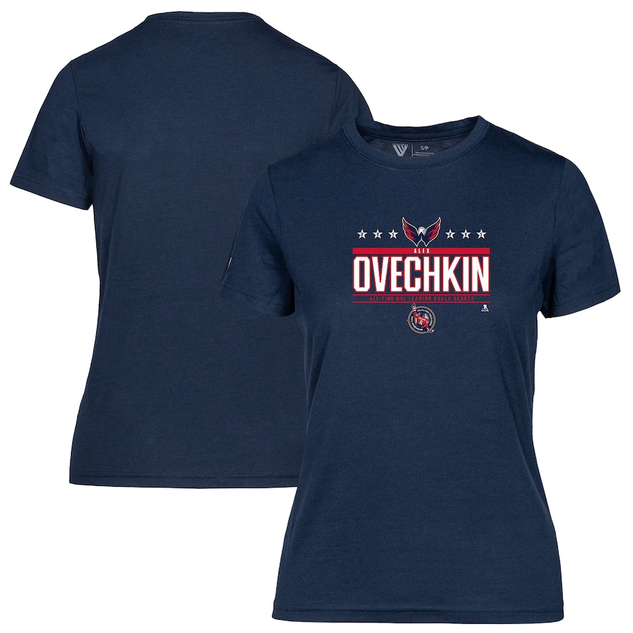 Women's Washington Capitals Alexander Ovechkin Levelwear Navy NHL All-Time Leading Goal Scorer Milestone Stars Name & Number Maddox T-Shirt - Ujersey